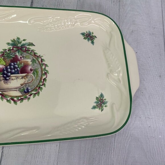 Pfaltzgraff HOLLY JOY  Holly Fruit Ribbon Stoneware 14" Long Bread Serving Tray - Picture 3 of 7